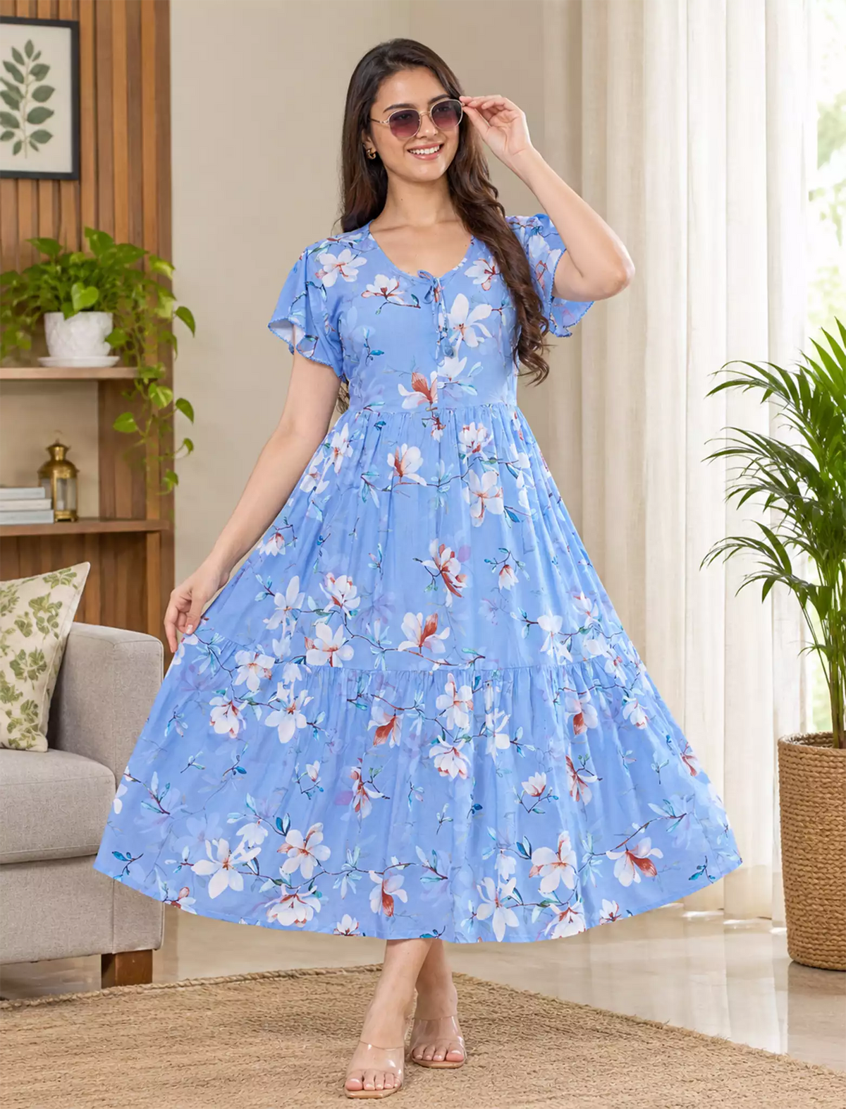 Floral Print Petal Sleeve Maxi with Side Pocket | Mangai Nighties
