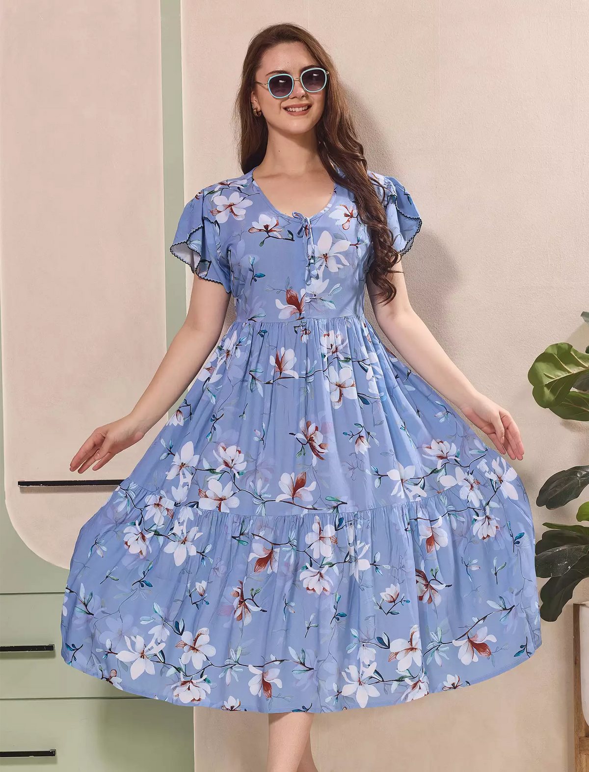 Floral Print Petal Sleeve Maxi with Side Pocket | Mangai Nighties