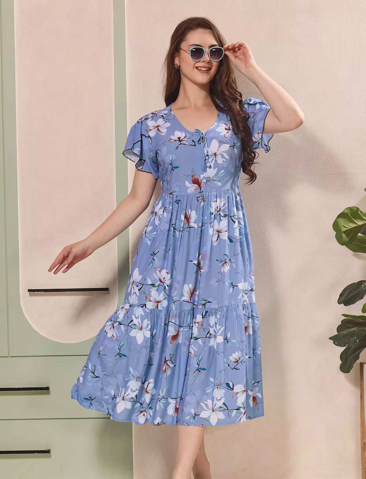 Floral Print Petal Sleeve Maxi with Side Pocket | Mangai Nighties