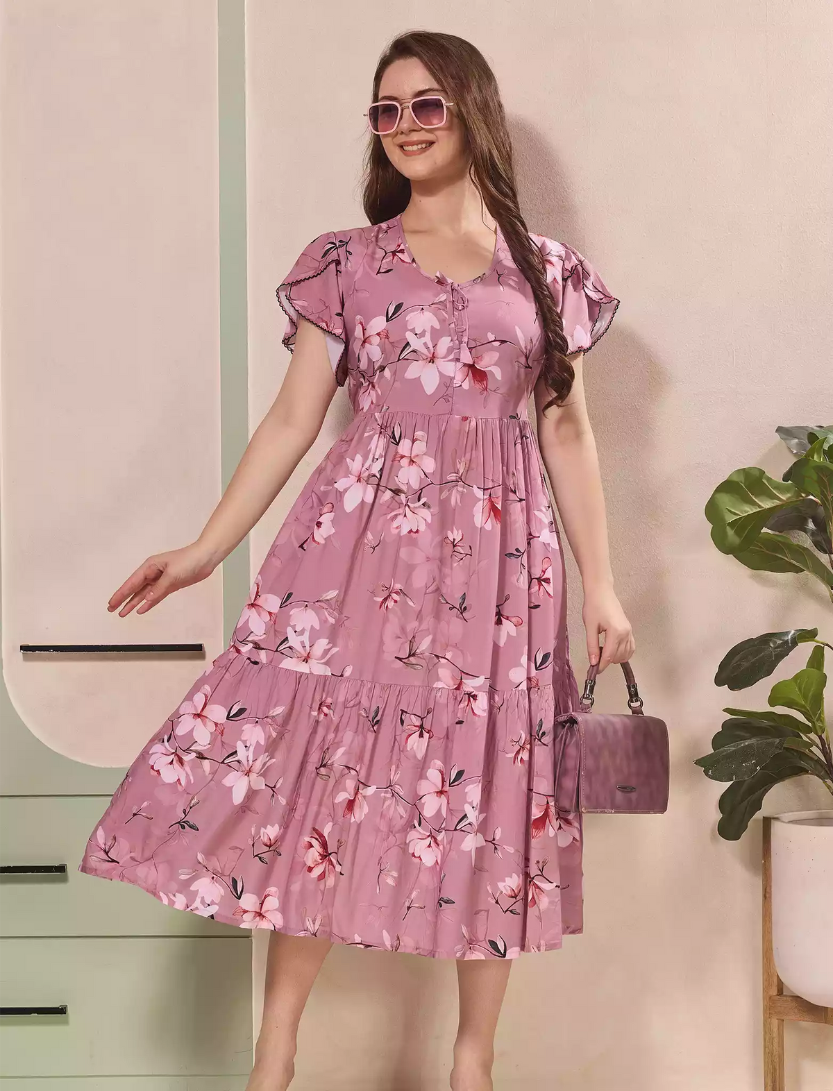 Floral Print Petal Sleeve Maxi with Side Pocket | Mangai Nighties