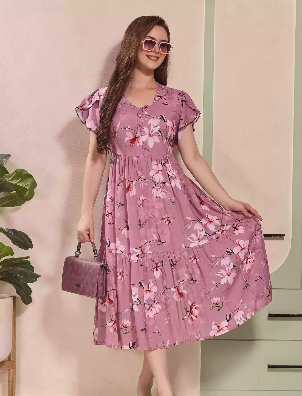 Floral Print Petal Sleeve Maxi with Side Pocket | Mangai Nighties
