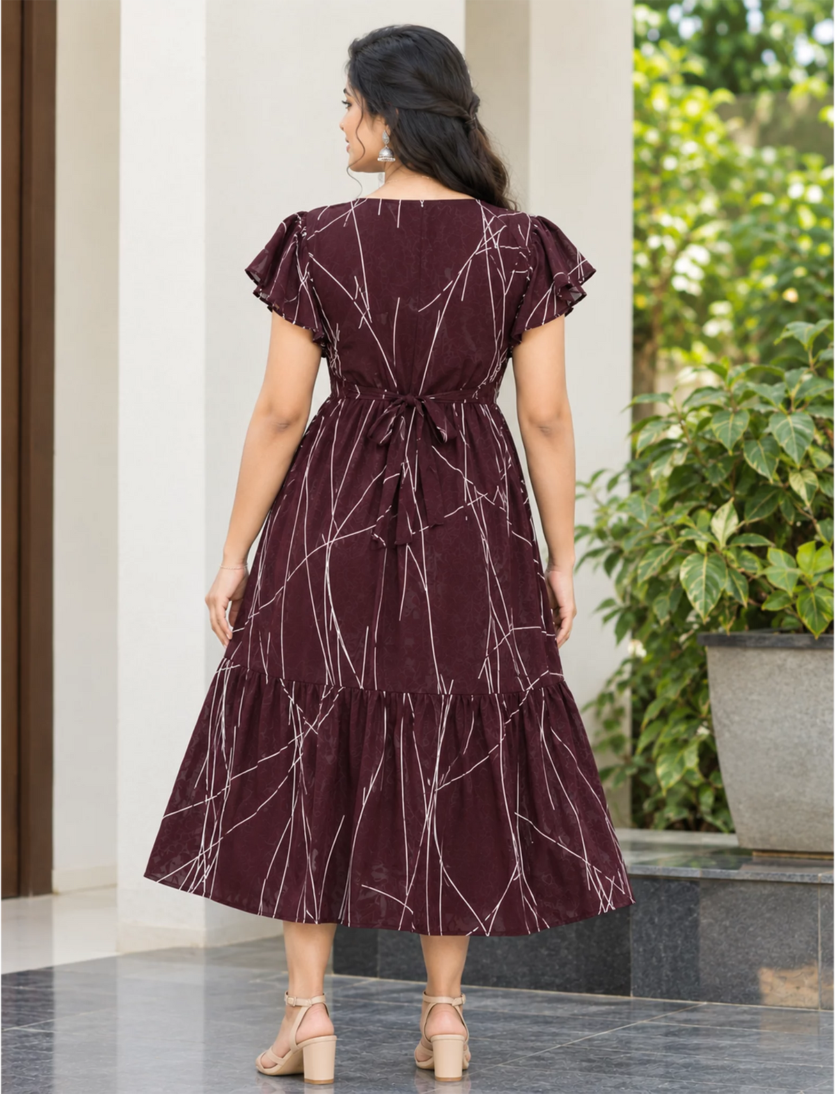 Abstract Printed Maxi with Stylish Petal-Sleeve | Mangai Nighties