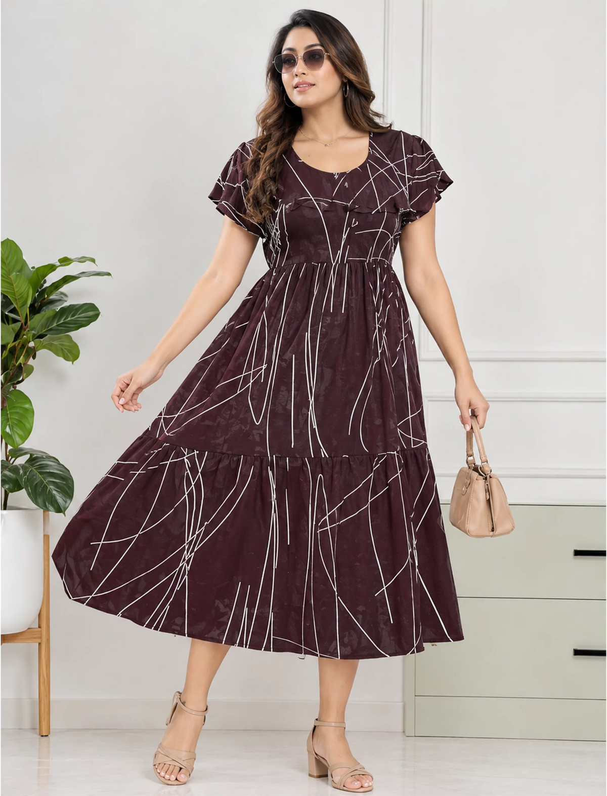 Abstract Printed Maxi with Stylish Petal-Sleeve | Mangai Nighties