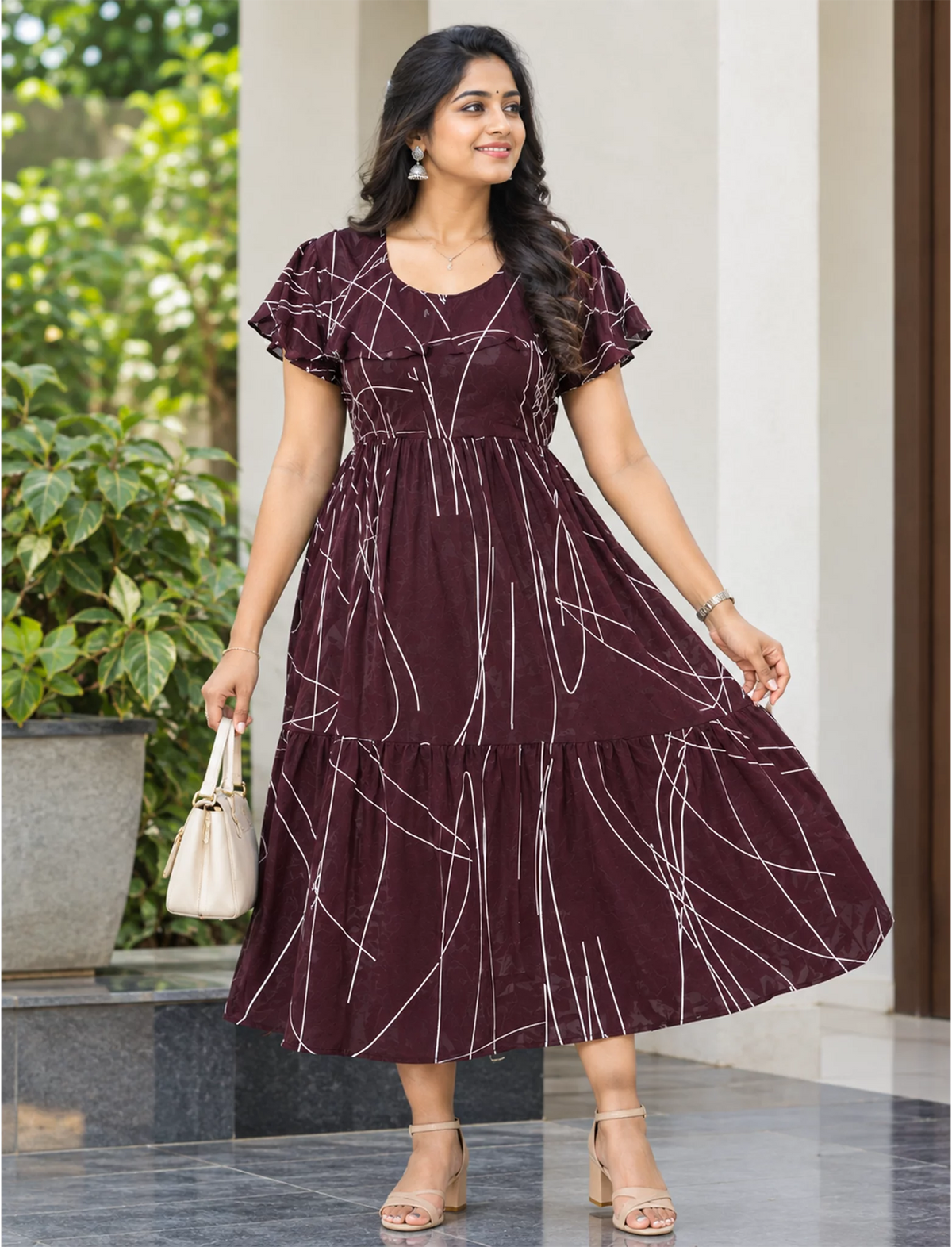 Abstract Printed Maxi with Stylish Petal-Sleeve | Mangai Nighties