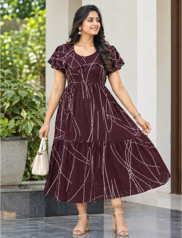 Abstract Printed Maxi with Stylish Petal-Sleeve | Mangai Nighties
