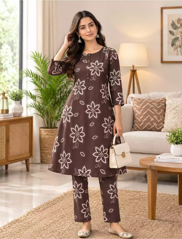 Rayon Floral Print Co-ord Set | Long Sleeve Top & Elastic Bottom - Mangai Nighties