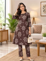 Rayon Floral Print Co-ord Set | Long Sleeve Top & Elastic Bottom - Mangai Nighties