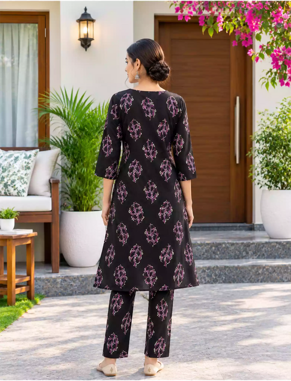 Rayon Floral Print Co-ord Set with Long Sleeves & Elastic Bottoms - Mangai Nighties
