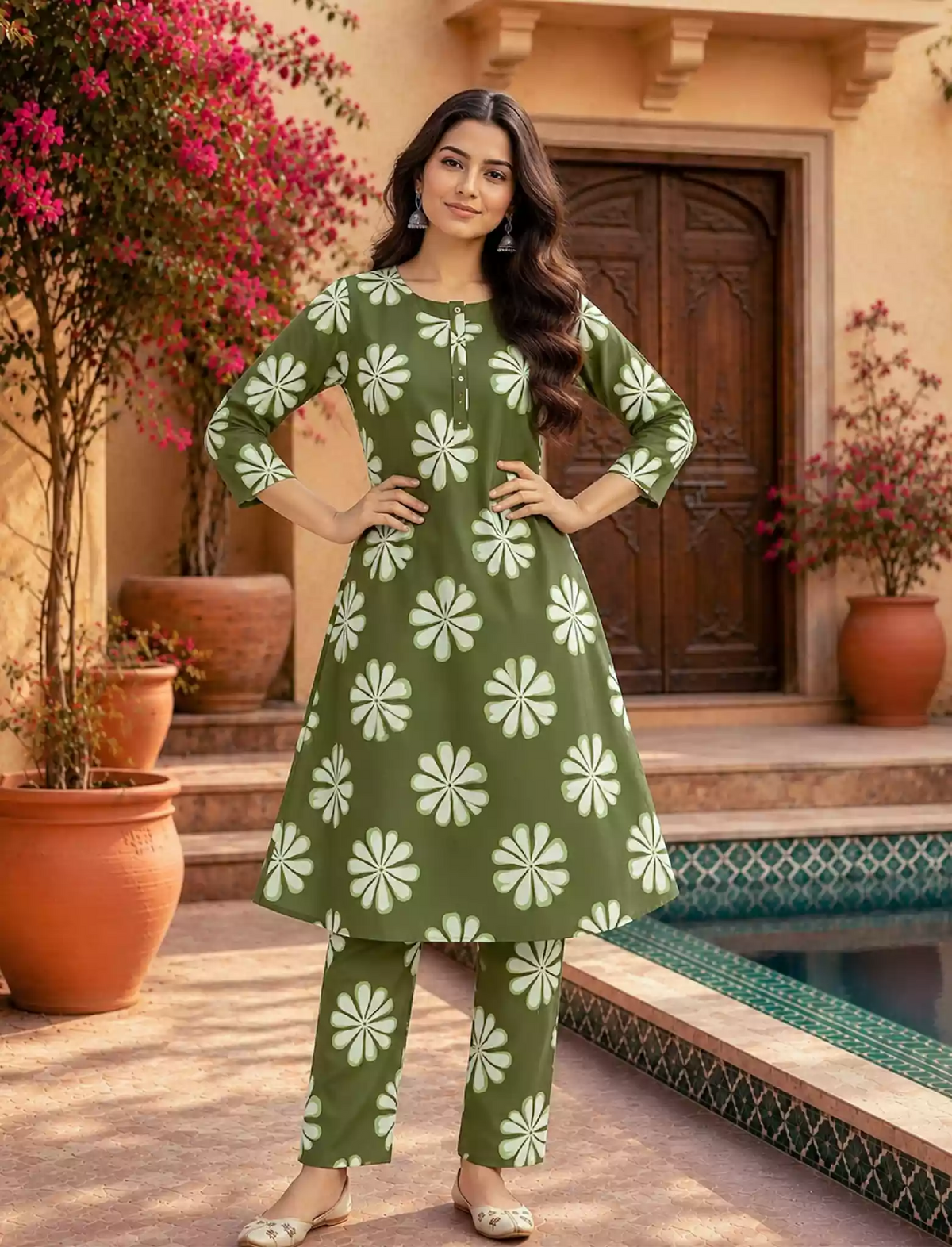 Rayon Floral Print Co-ord Set with Long Sleeves & Elastic Bottoms - Mangai Nighties