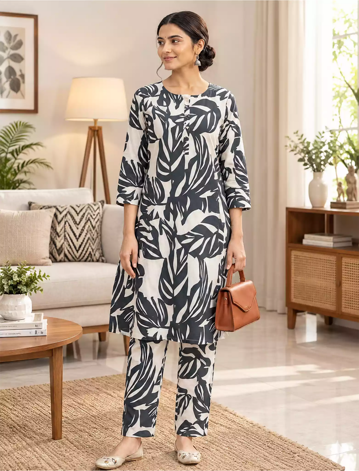 Rayon Leaf Print Co-ord Set | Long Top & Bottom | Casual Wear Set - Mangai Nighties