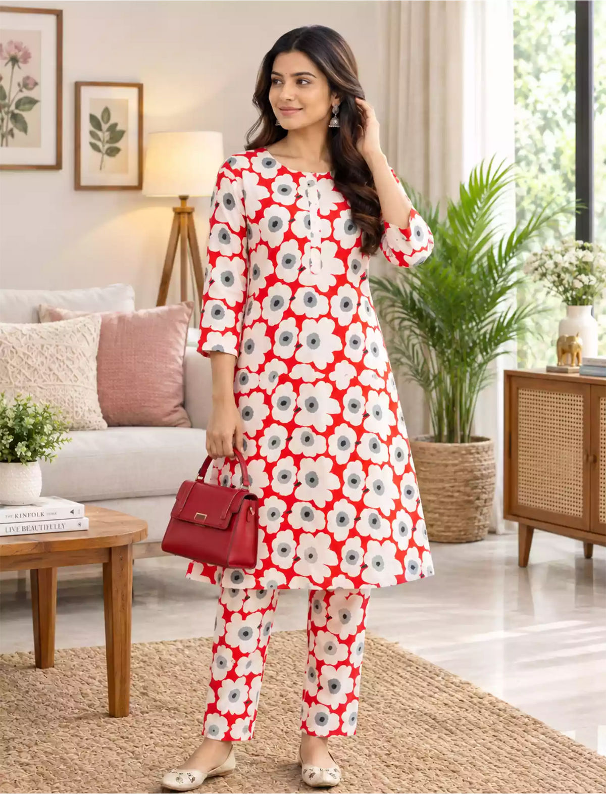 Rayon Daisy Floral Print Co-ord Set | Long Sleeve Top & Bottoms - Mangai Nighties
