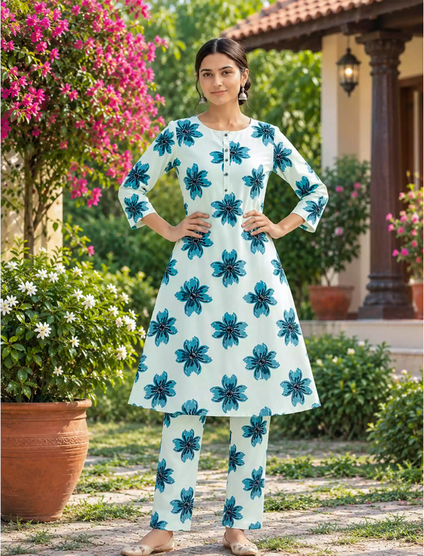 Rayon Floral Print Co-ord Set with Elastic Bottoms - Mangai Nighties