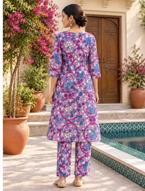 Rayon Floral Print Co-ord Set | Long Top & Bottom | Casual Wear - Mangai Nighties