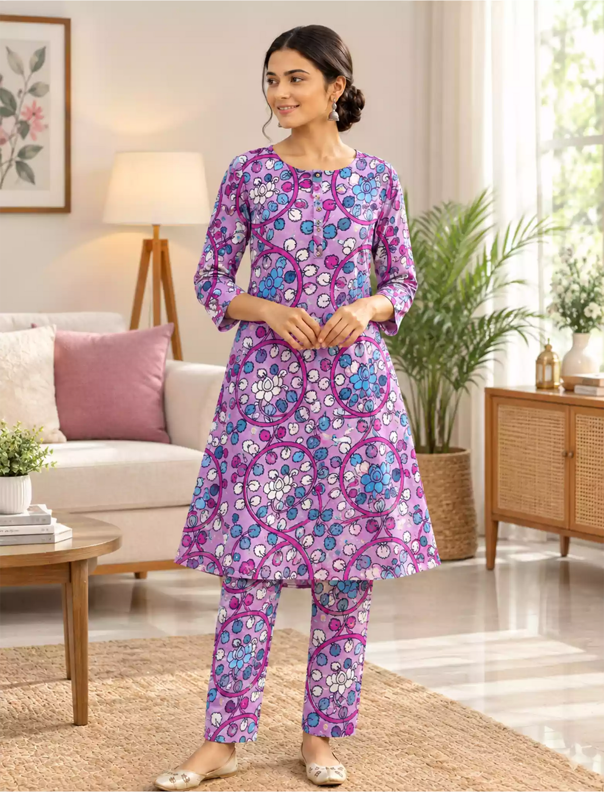 Rayon Floral Print Co-ord Set | Long Top & Bottom | Casual Wear - Mangai Nighties