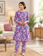 Rayon Floral Print Co-ord Set | Long Top & Bottom | Casual Wear - Mangai Nighties