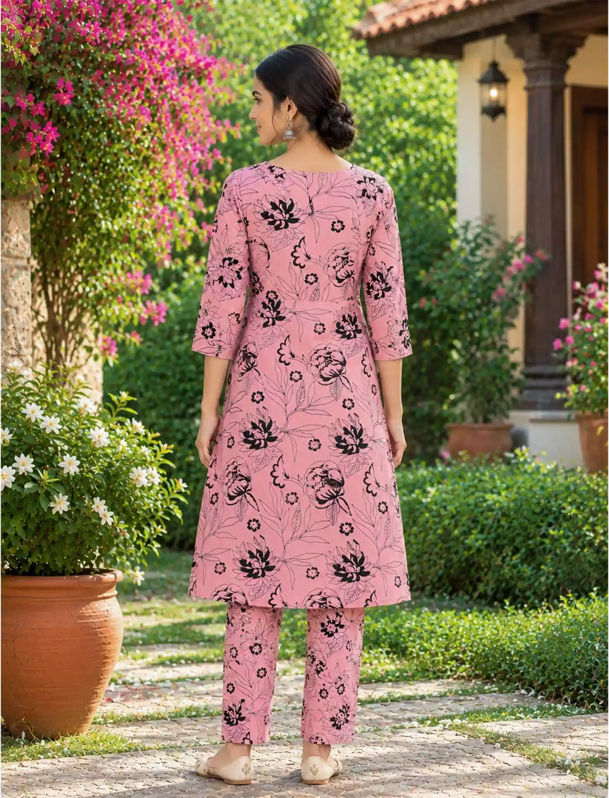 Pink Floral Rayon Co-ord Set with Pants - Mangai Nighties