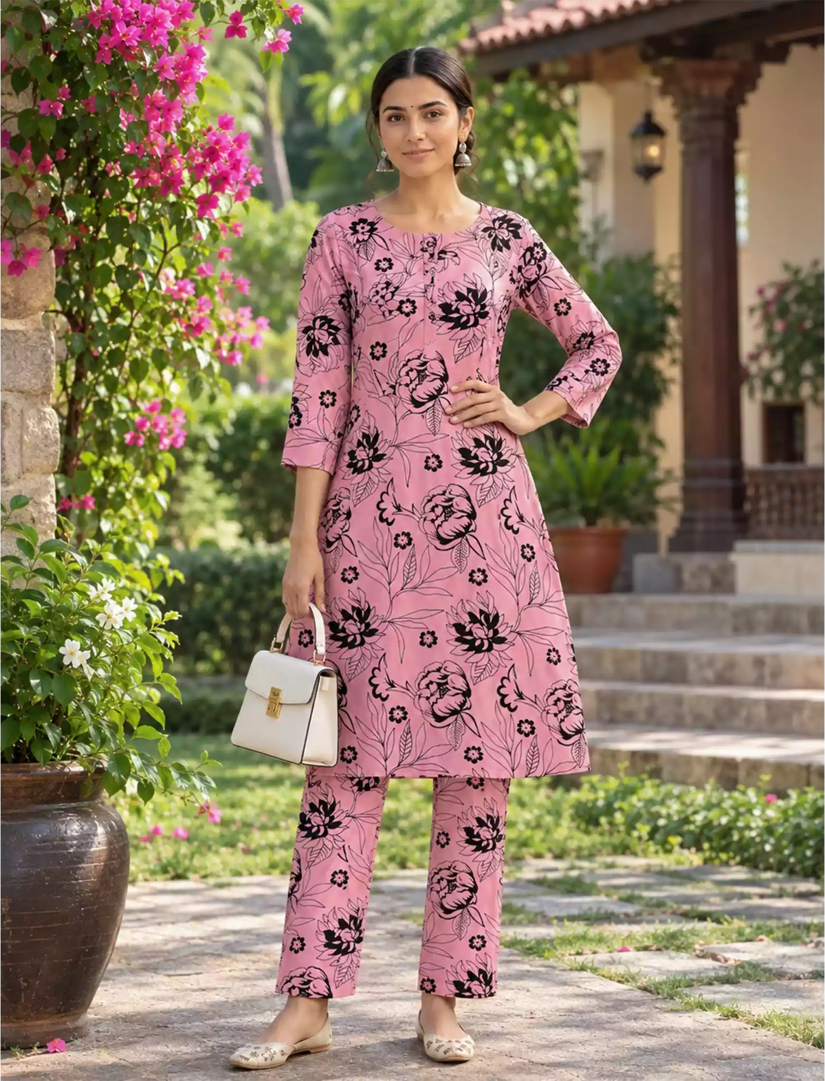 Pink Floral Rayon Co-ord Set with Pants - Mangai Nighties