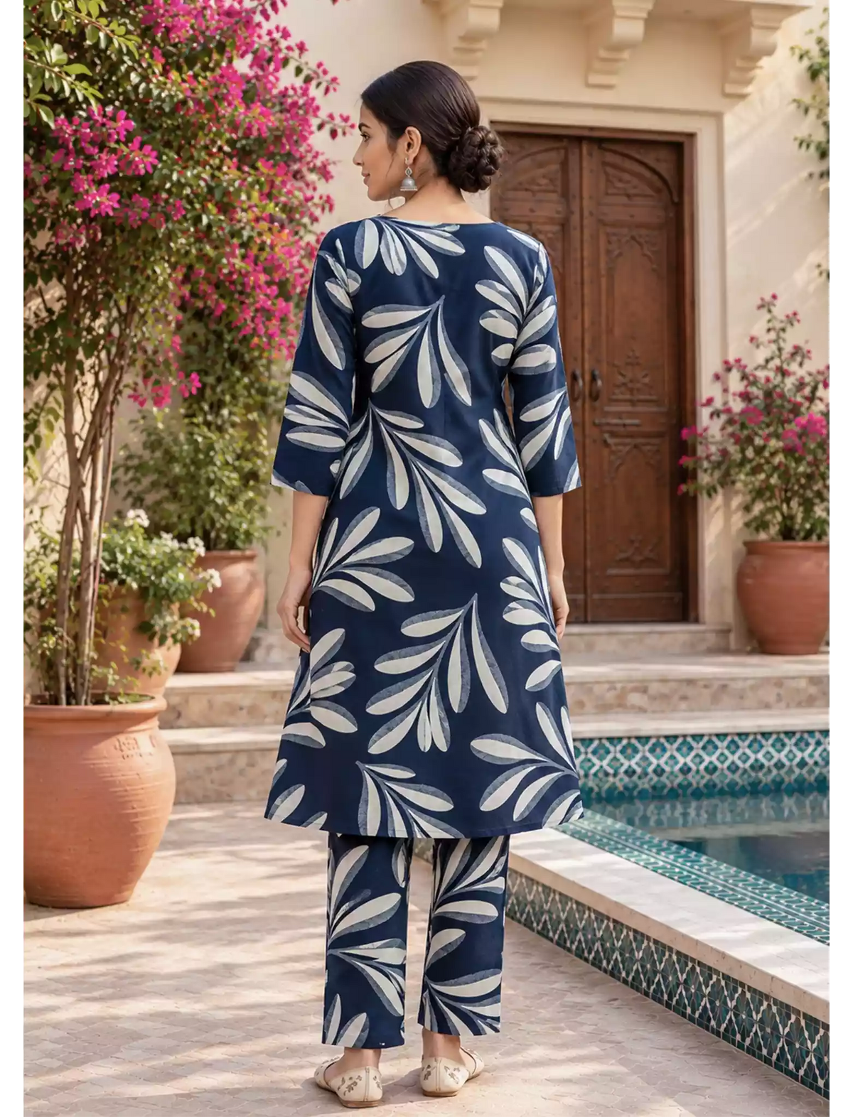 Rayon Leaf Print Co-ord Set | Long Top & Bottom | Casual Wear Set - Mangai Nighties