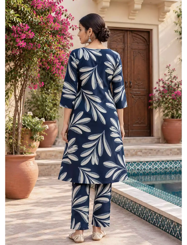 Rayon Leaf Print Co-ord Set | Long Top & Bottom | Casual Wear Set - Mangai Nighties