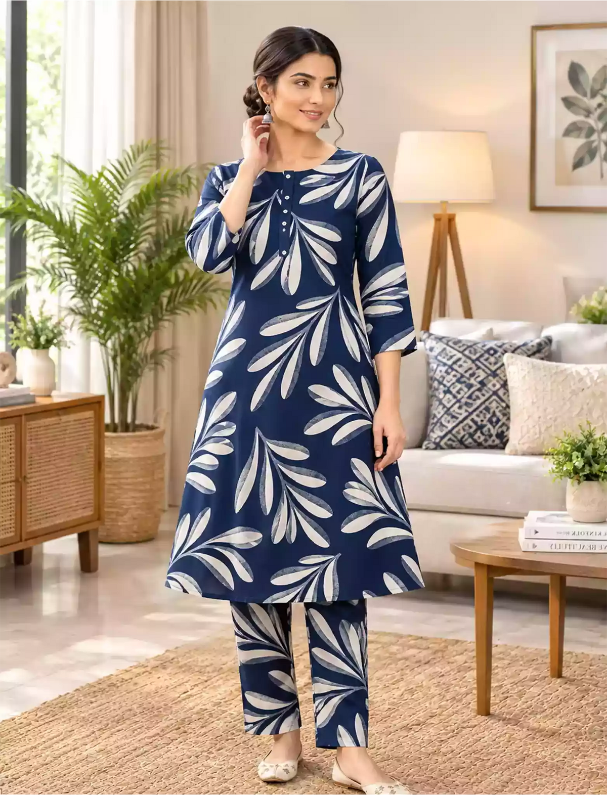 Rayon Leaf Print Co-ord Set | Long Top & Bottom | Casual Wear Set - Mangai Nighties