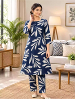 Rayon Leaf Print Co-ord Set | Long Top & Bottom | Casual Wear Set - Mangai Nighties