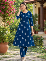 Navy Blue Rayon Print Co-ord Set for Women - Mangai Nighties