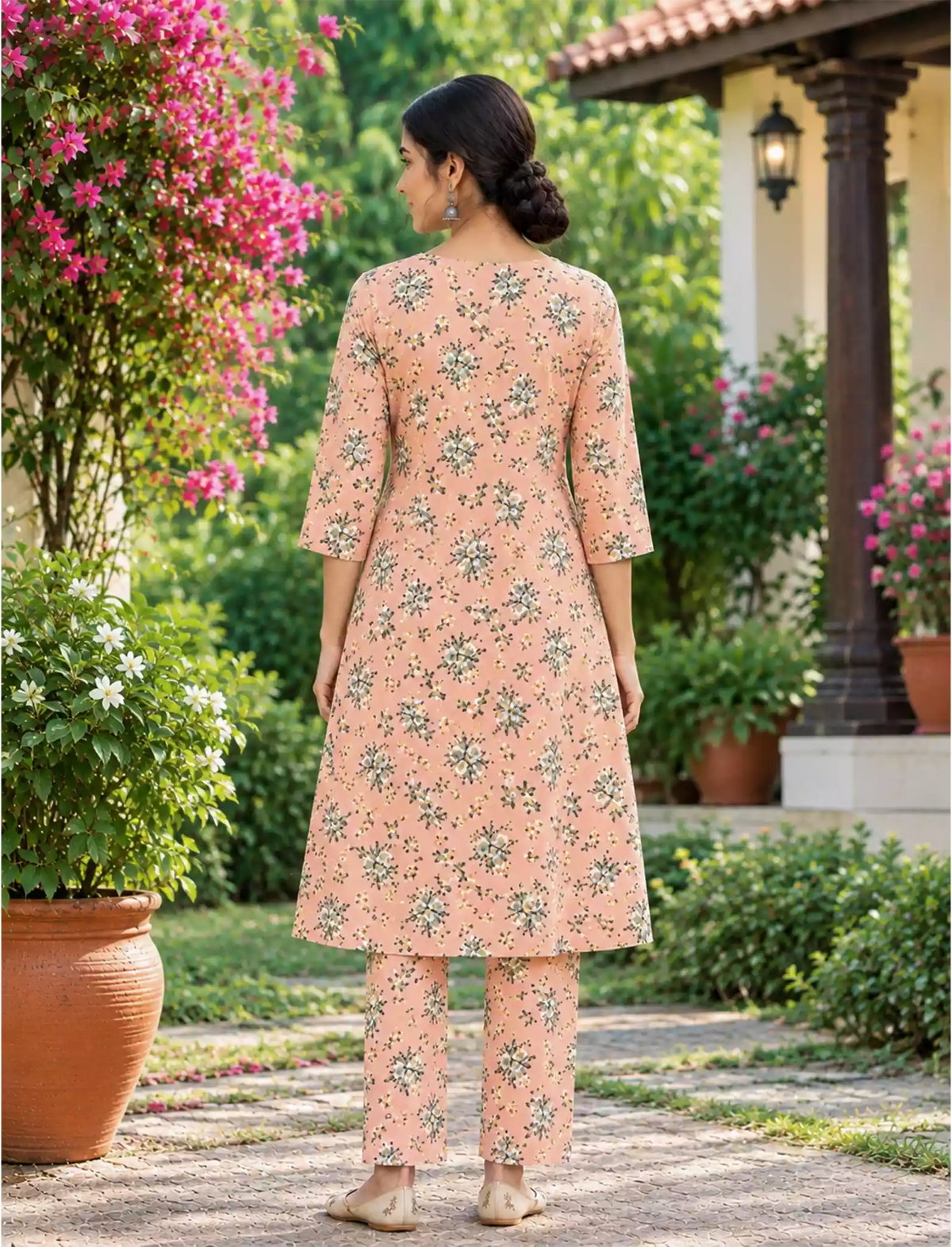 Peach Floral Rayon Co-ord Set with Pants - Mangai Nighties