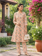 Peach Floral Rayon Co-ord Set with Pants - Mangai Nighties