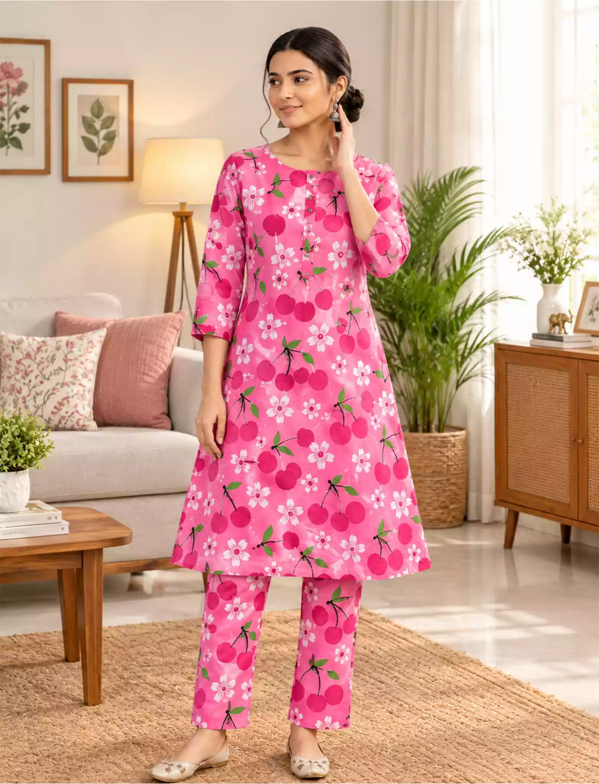 Rayon Cherry Print Co-ord Set | Long Sleeve Top & Elastic Bottoms - Mangai Nighties