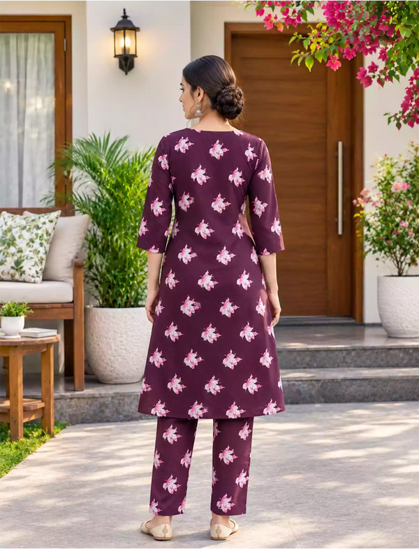Rayon Floral Co-ord Set with Long Top & Bottom, Long Sleeve Style - Mangai Nighties