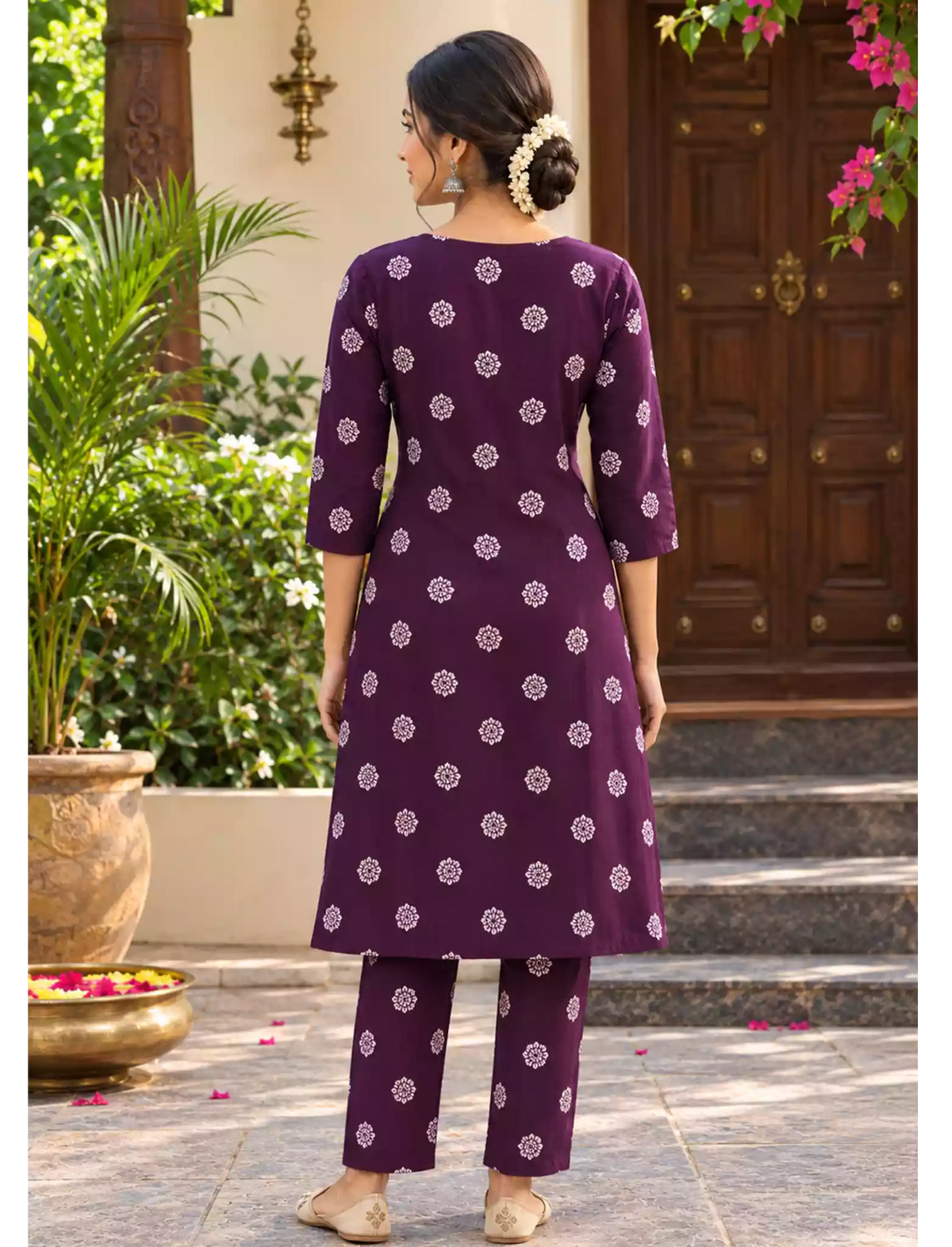 Rayon Floral Print Co-ord Set with Long Sleeves & Button Detail - Mangai Nighties