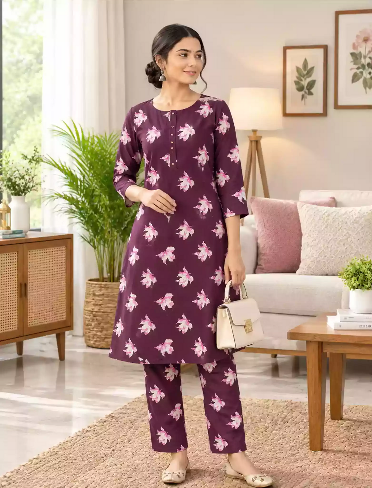 Rayon Floral Co-ord Set with Long Top & Bottom, Long Sleeve Style - Mangai Nighties