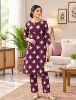Rayon Floral Co-ord Set with Long Top & Bottom, Long Sleeve Style - Mangai Nighties