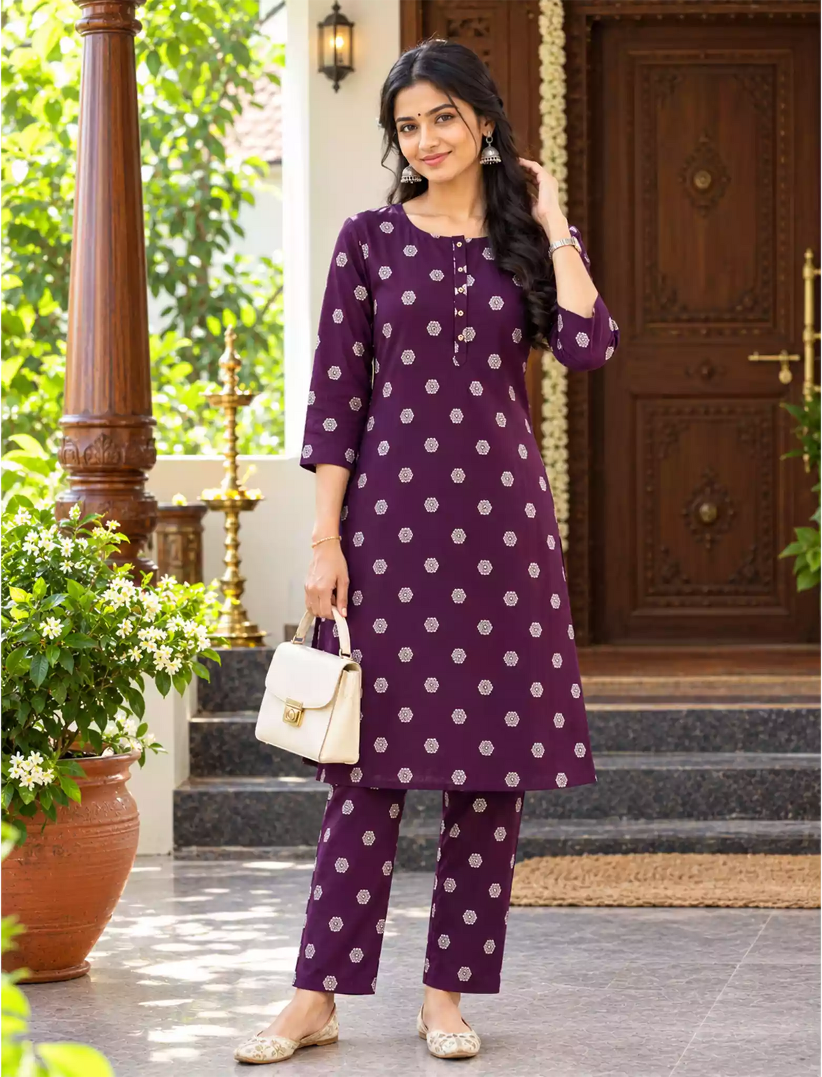 Rayon Floral Print Co-ord Set with Long Sleeves & Button Detail - Mangai Nighties