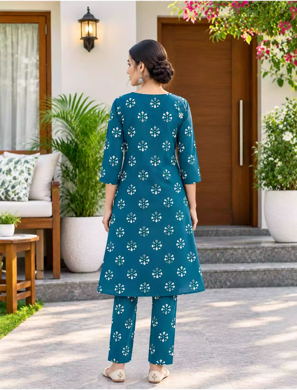 Rayon Floral Print Co-ord Set for Women with 3/4 Sleeve & Buttons - Mangai Nighties