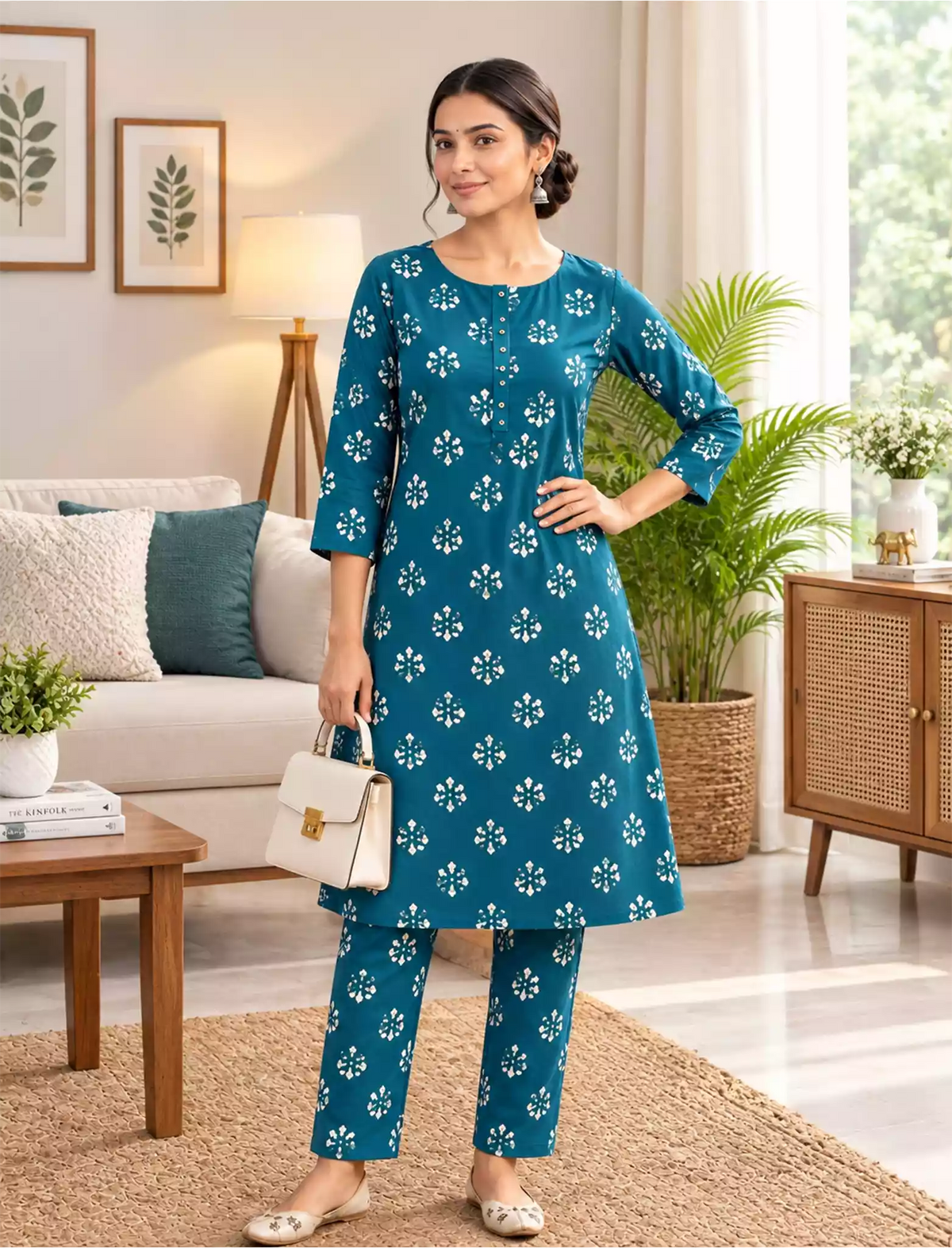 Rayon Floral Print Co-ord Set for Women with 3/4 Sleeve & Buttons - Mangai Nighties