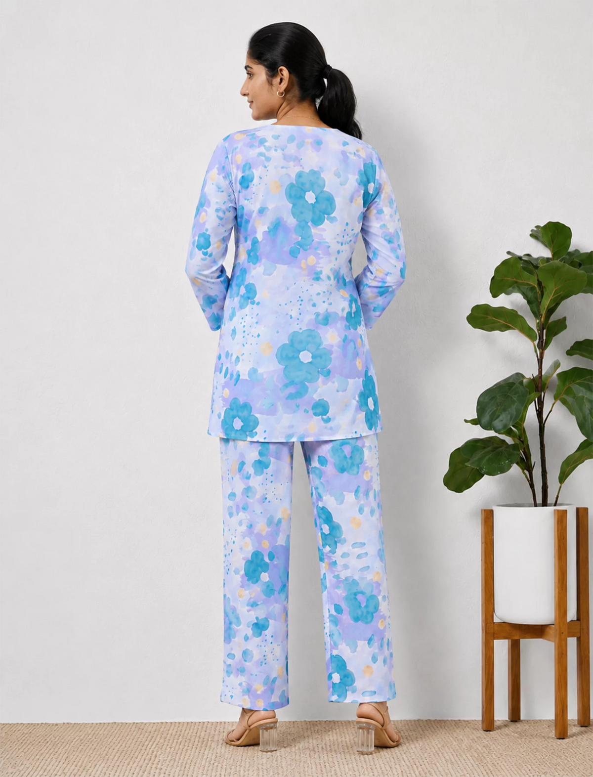 Blue Floral Print Rayon Co-ord Set Nightdress- Mangai Nighties
