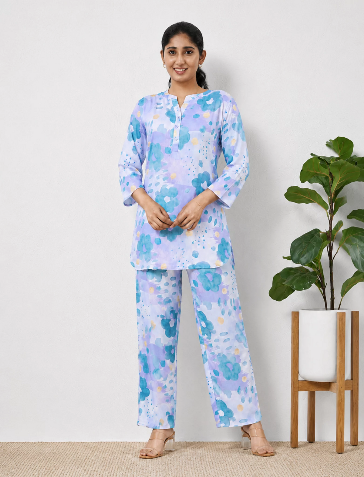 Blue Floral Print Rayon Co-ord Set Nightdress- Mangai Nighties