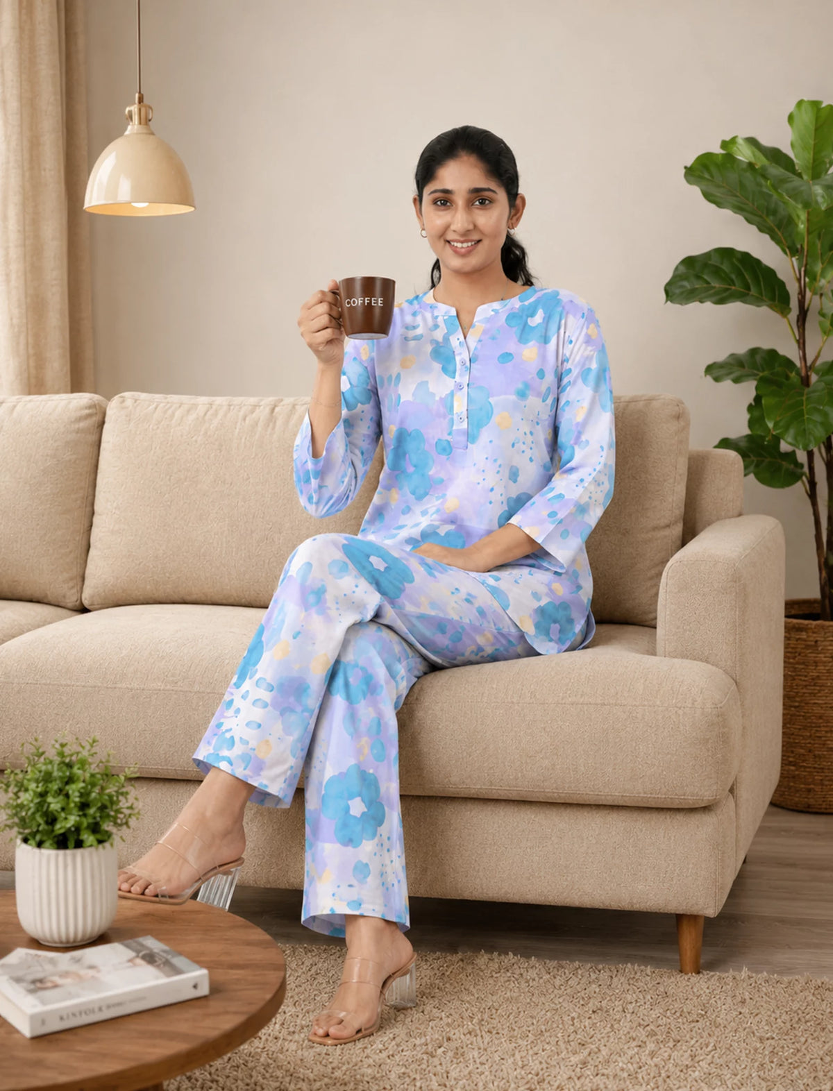 Blue Floral Print Rayon Co-ord Set Nightdress- Mangai Nighties