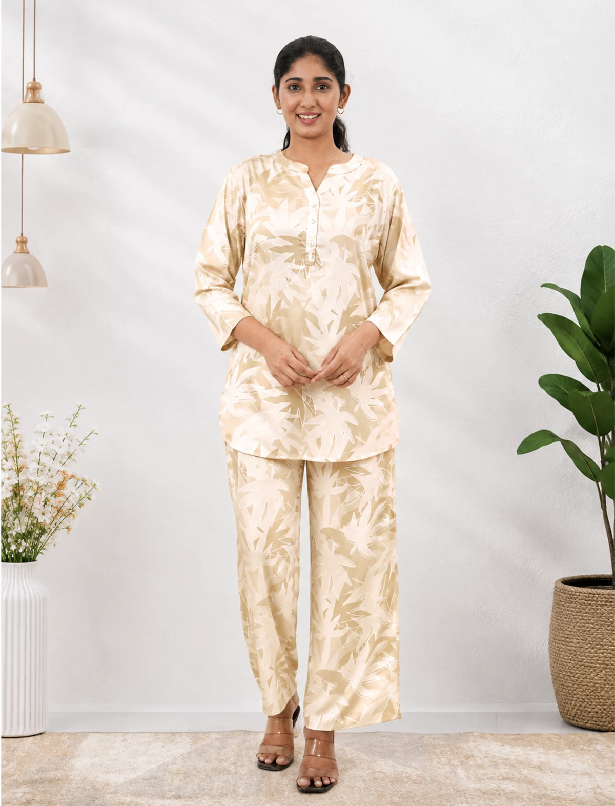 Beige Leaf Print Rayon Co-Ord Set - Mangai Nighties