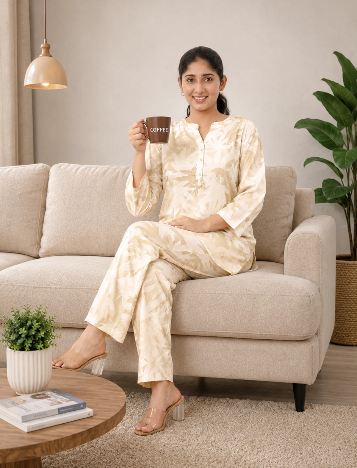 Beige Leaf Print Rayon Co-Ord Set - Mangai Nighties