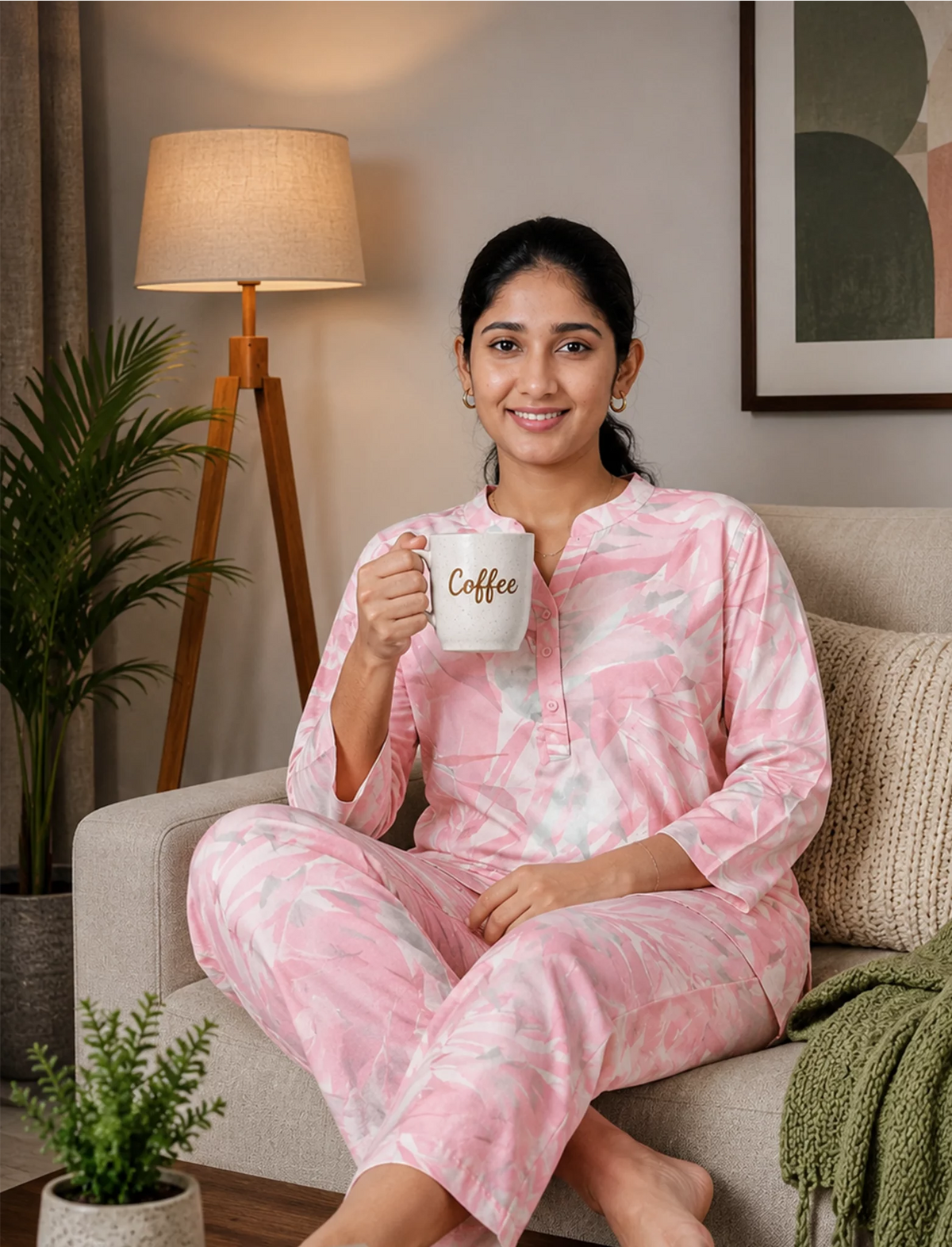 Pink Leaf Printed Rayon Printed Co-Ord Set - Mangai Nighties