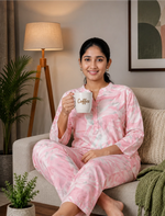 Pink Leaf Printed Rayon Printed Co-Ord Set - Mangai Nighties