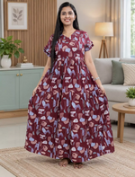 Navy Abstract Printed Rayon Long Flared Frock with Butterfly Collar – Mangai Nighties