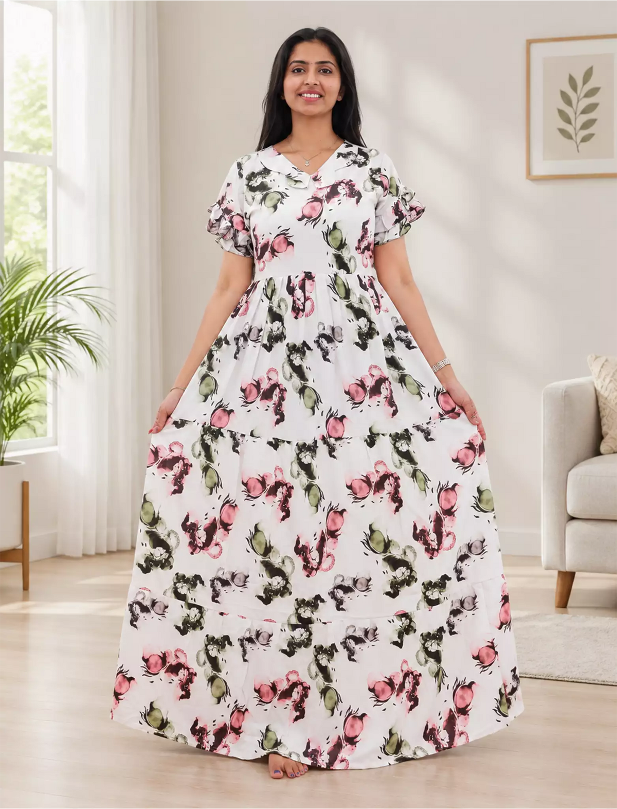 Ivory Printed Rayon Long Frock with Butterfly Neck and Back Tie – Mangai Nighties