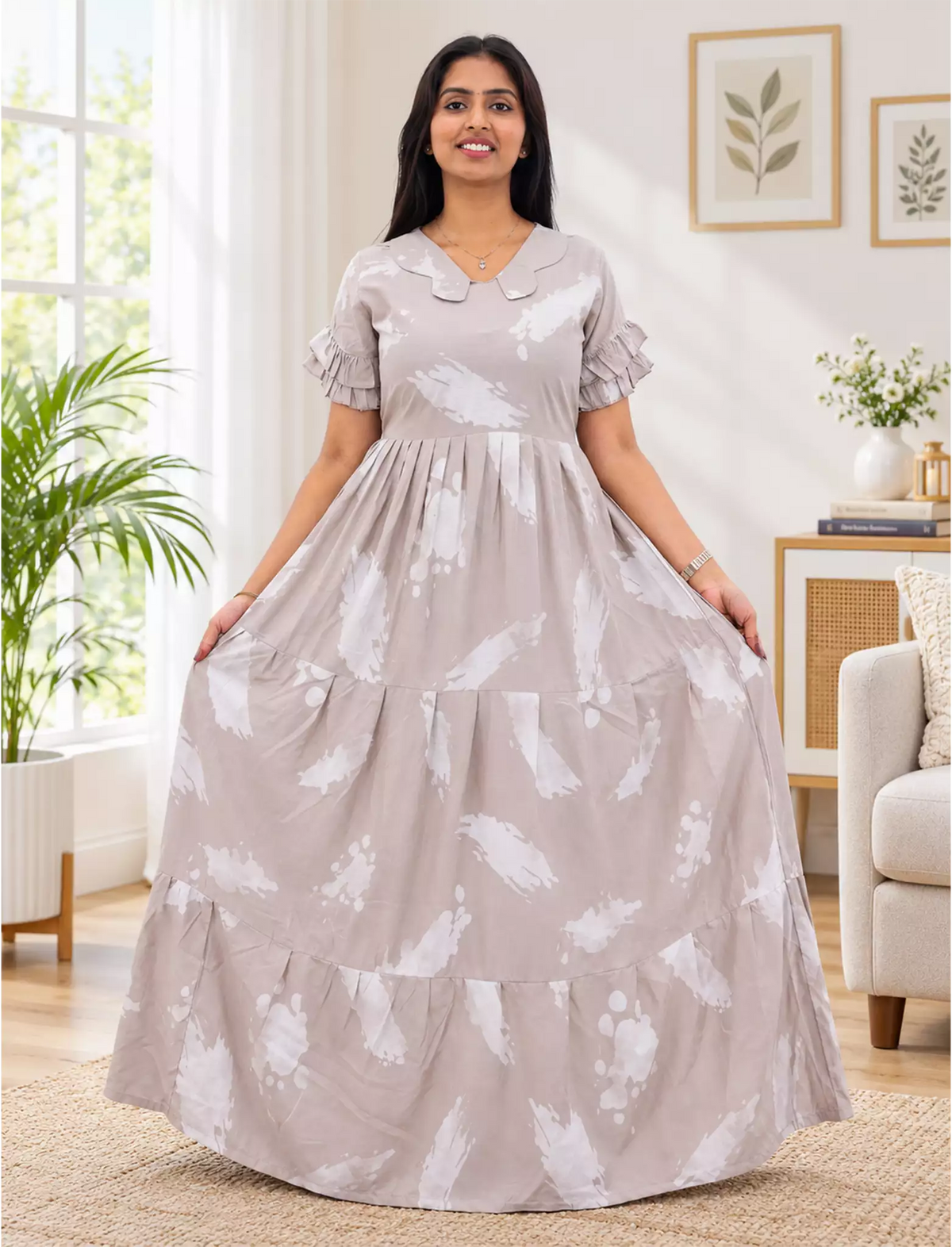 Beige Rayon Long Frock | Butterfly Collar Neck | Frill Sleeves | Side Pocket | Back Tie Rope – Mangai Nighties
