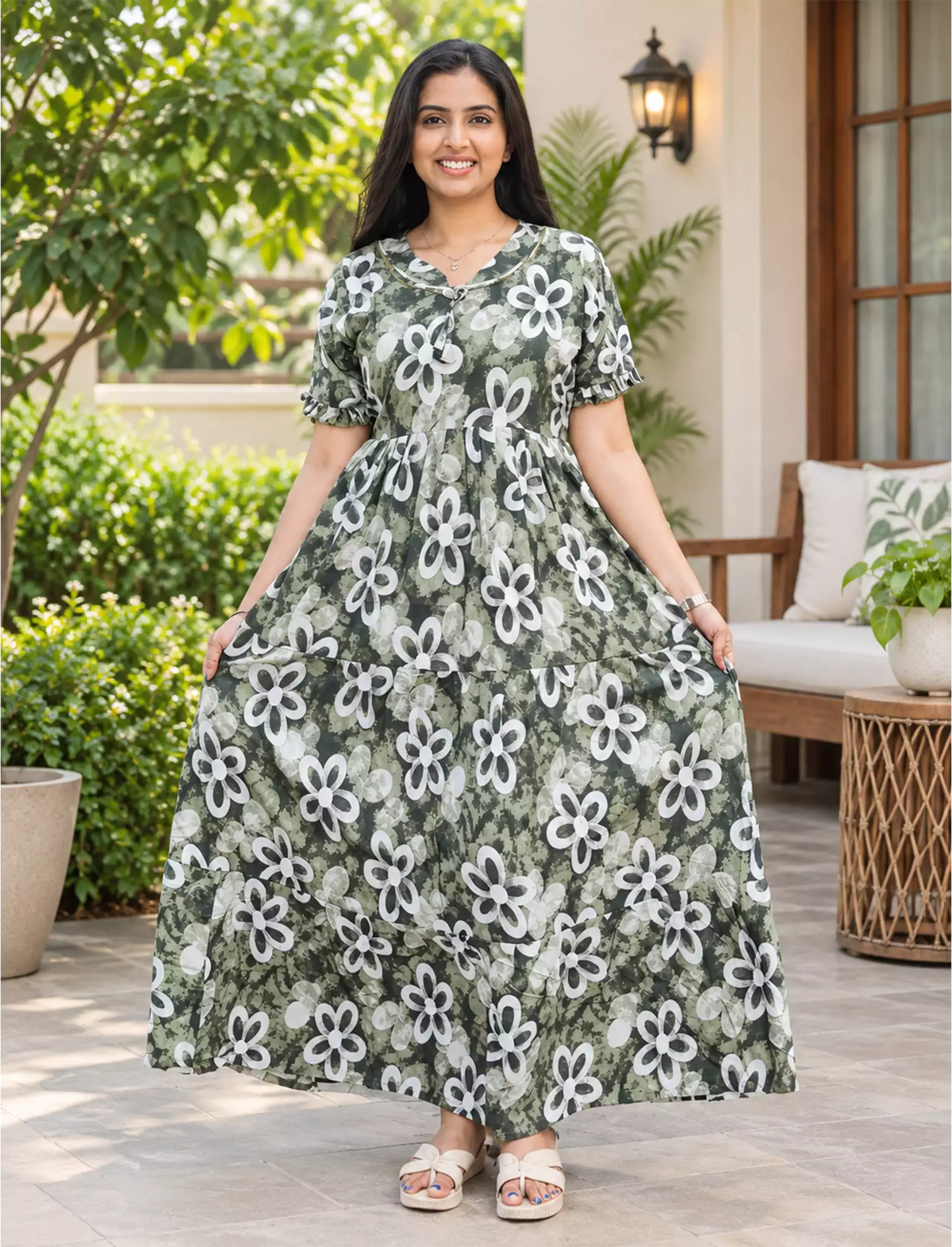Long Olive Green Floral Rayon Frock with Side Pockets | Mangai Nighties