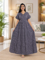 Maroon Rayon Geometric Print Long Frock with Frill Sleeve | Mangai Nighties