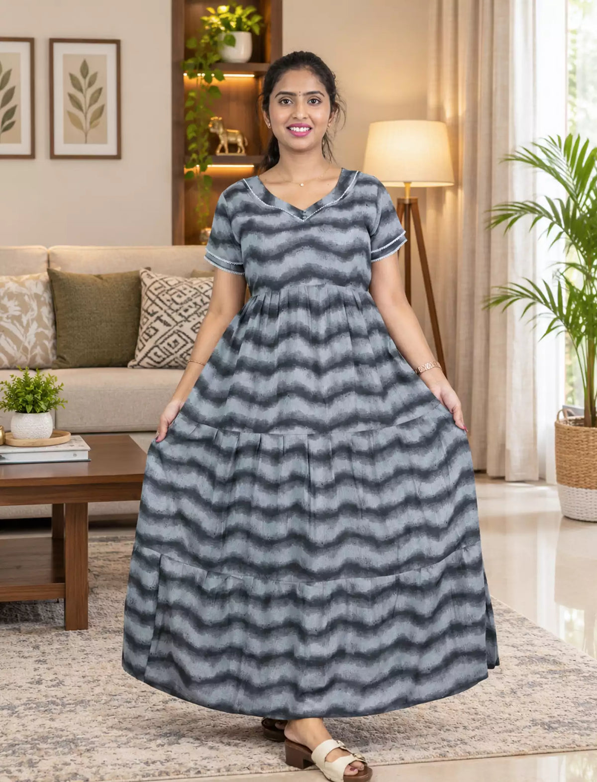 Alpine Wave Print 3 Layer Frock with Back Tie - Mangai Nighties