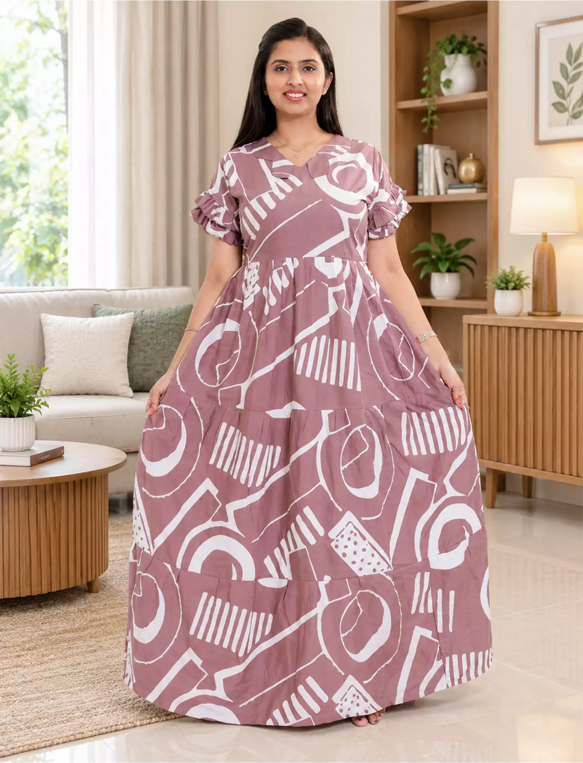 Blue Abstract Print Rayon Long Frock with Frill Sleeves and Stylish Neck | Mangai Nighties